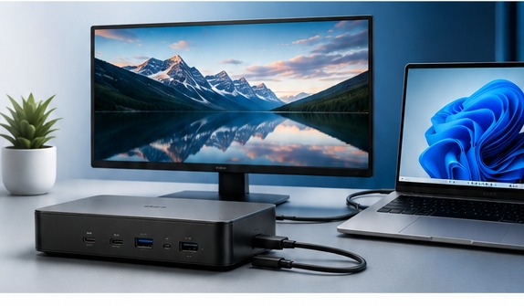 Laptop, docking station and external monitor desk setup